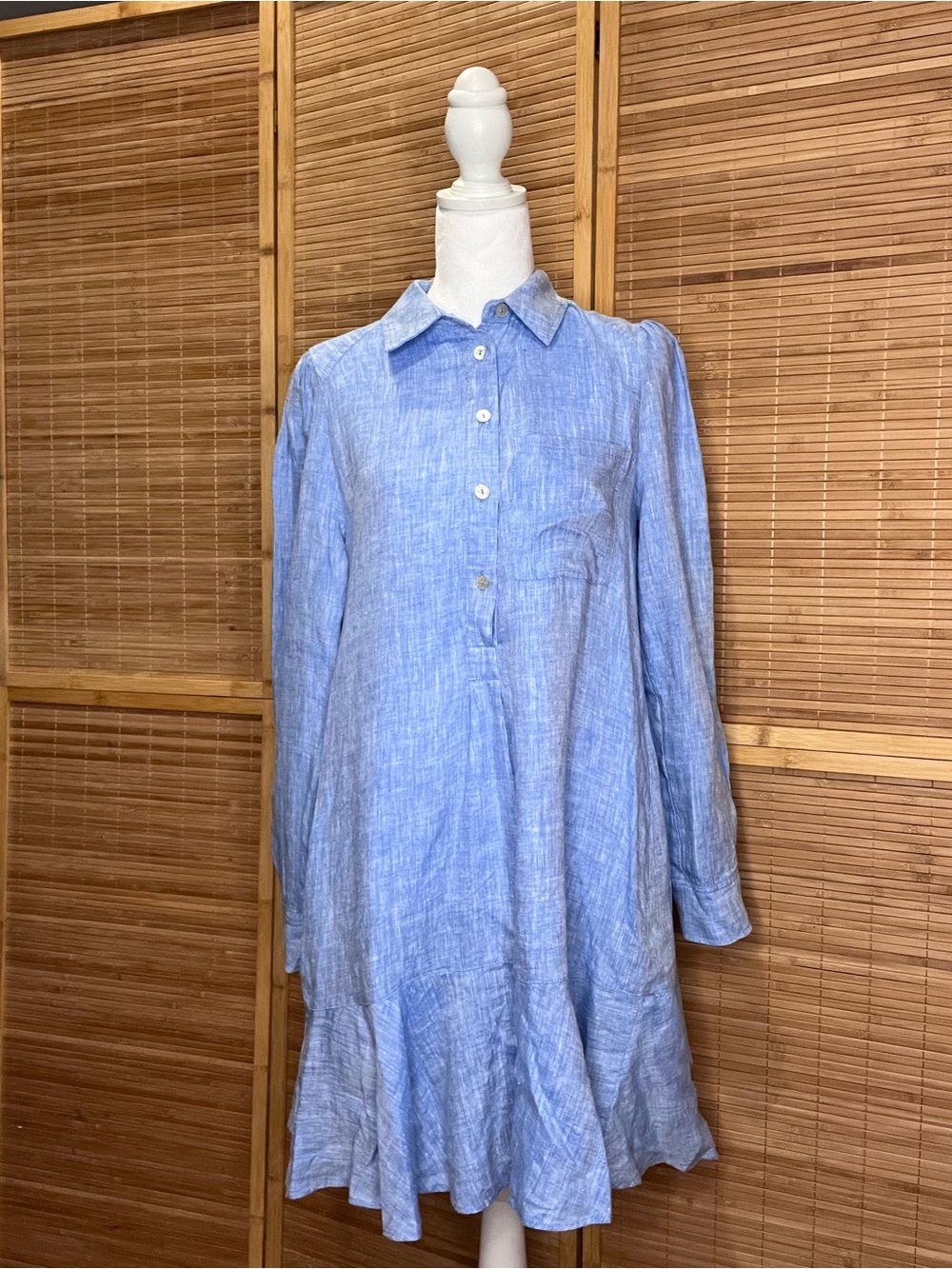 Magaschoni Light Blue Long-Sleeve Linen Shirt Dress, Ruffle hem